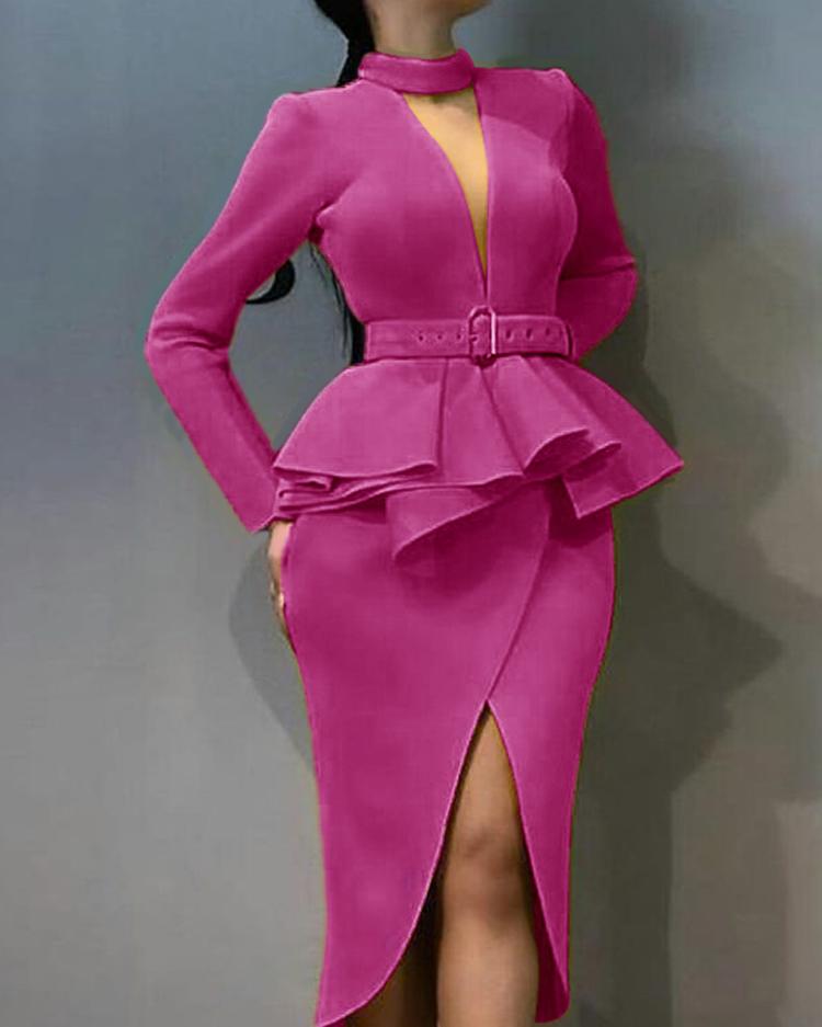 

Choker V Flounced Tulip Hem Belted Dress, Hot pink