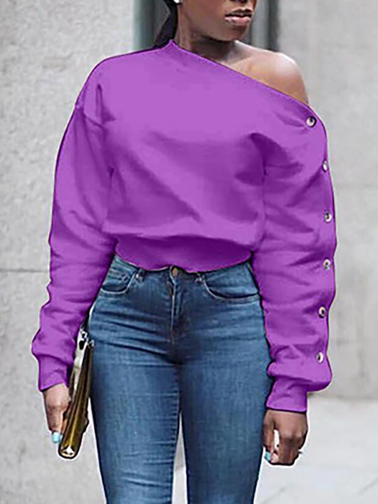 

Solid Skew Neck Bouuton Design Sweatshirt