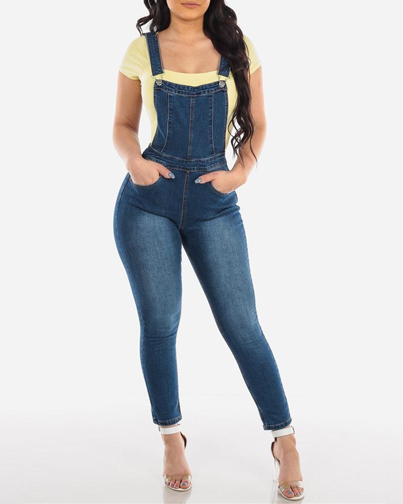 

Denim Pocket Design Suspenders Jumpsuit, Blue