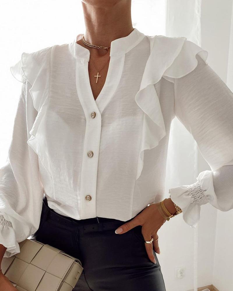 

Ruffles Hem Button Design Lantern Sleeve Shirt, White