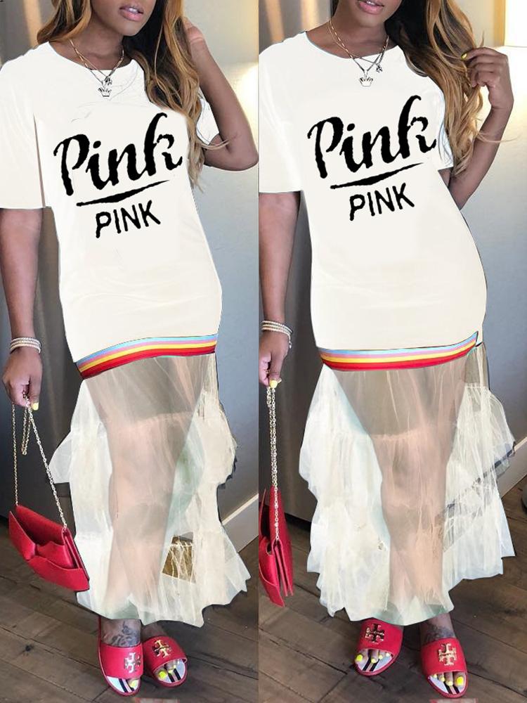 

Letter Print Sheer Mesh Splicing Maxi Dress