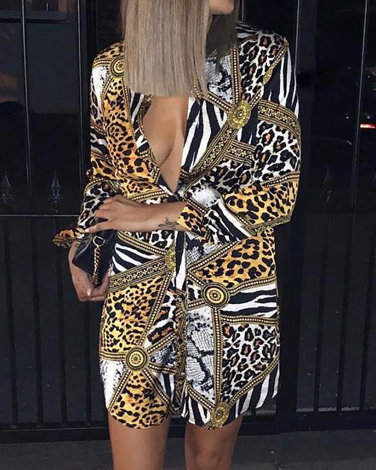 

Deep V-Neck Leopard Print Shirt Dress, Dark yellow
