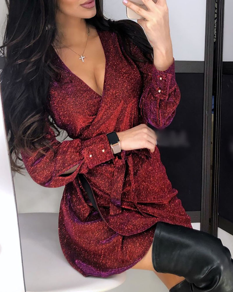 

Glitter Wrap Long Sleeve Dress, Wine red