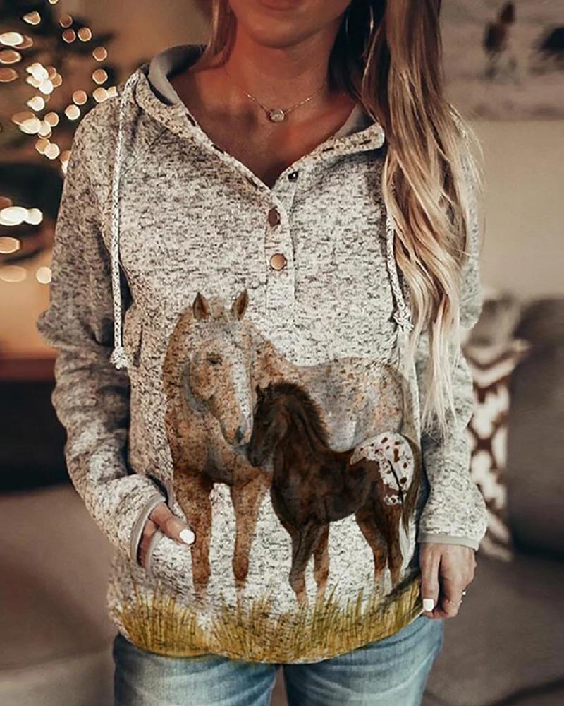 

Horses Print Pocket Design Hoodie, Gray