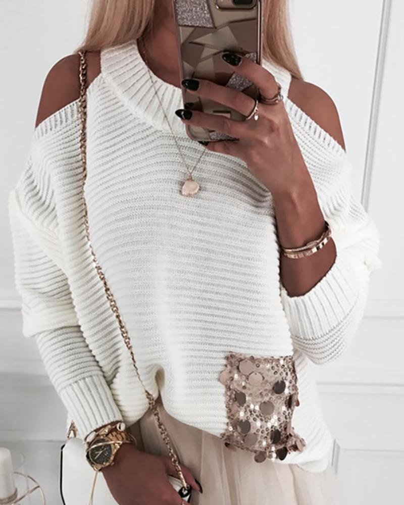 

Cold Shoulder Batwing Sleeve Ribbed Sequins Insert Sweater, White