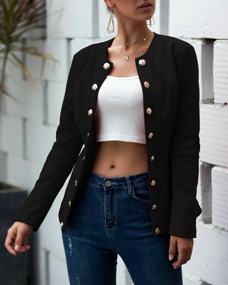 

Double-breasted Long Sleeve Round Neck Blazer, Black