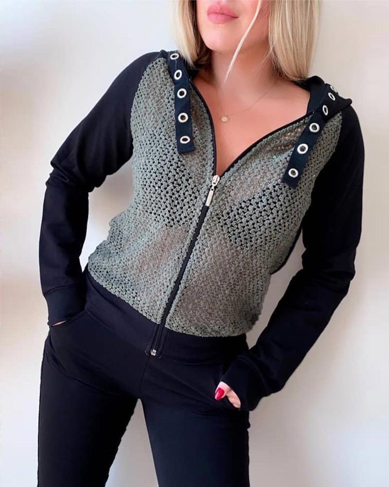 

Colorblock Zipper Design Top & Pants Set, Black