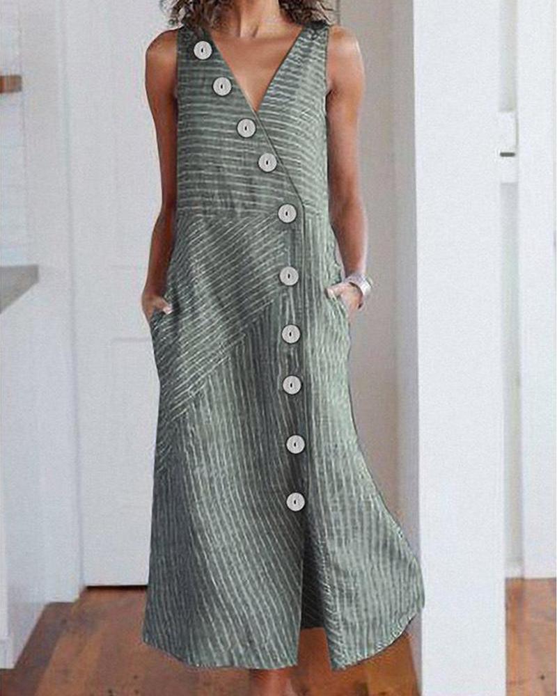

Button Design Sleeveless V-neck Striped Dress