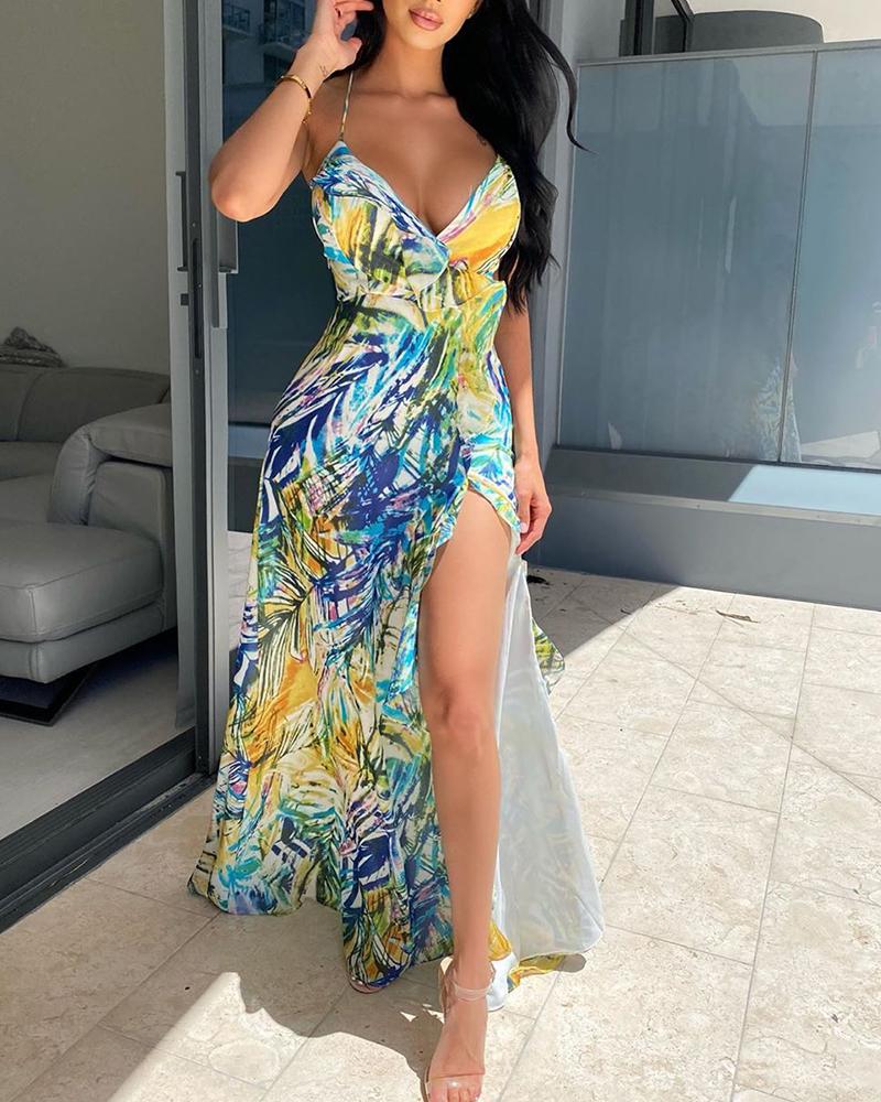 

Print Spaghetti Strap Split Dress, Multicolor