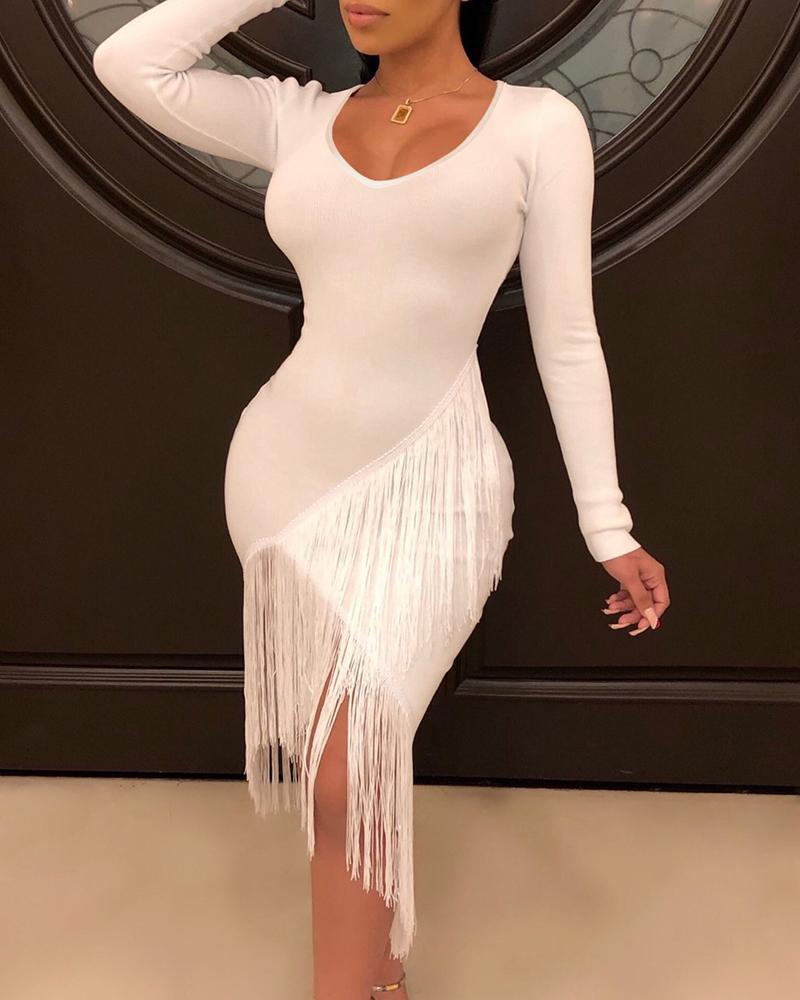 

Solid Long Sleeve Tassel Design Bodycon Dress, White