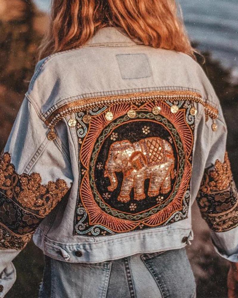 

Elephant Embroidered Button Denim Shirt, Multicolor