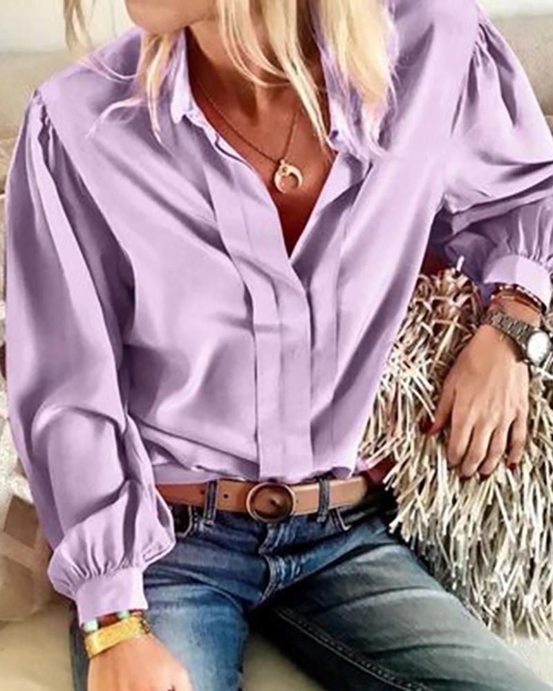 

Solid Long Sleeve Button Loose Blouse, Purple