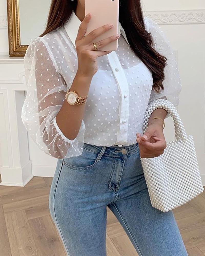 

Sheer Mesh Sleeve Swiss Dot Casual Blouse