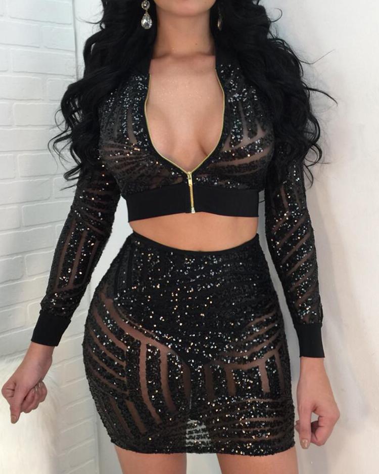 

Sequins Zipper Front Cropped Coat & Skirt Sets, Black