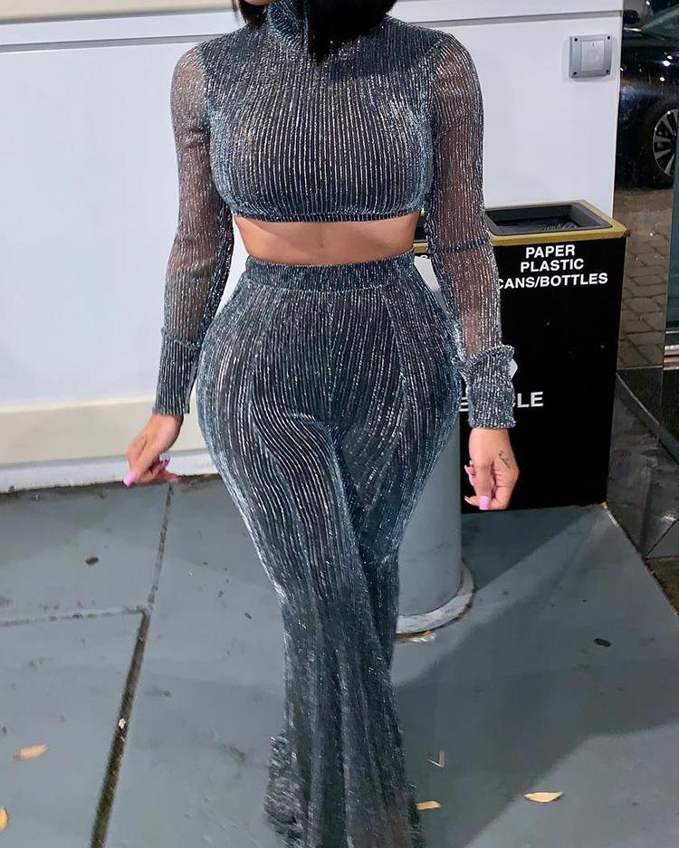 

Stripes Glitter Crop Top & Pants Set, Silver