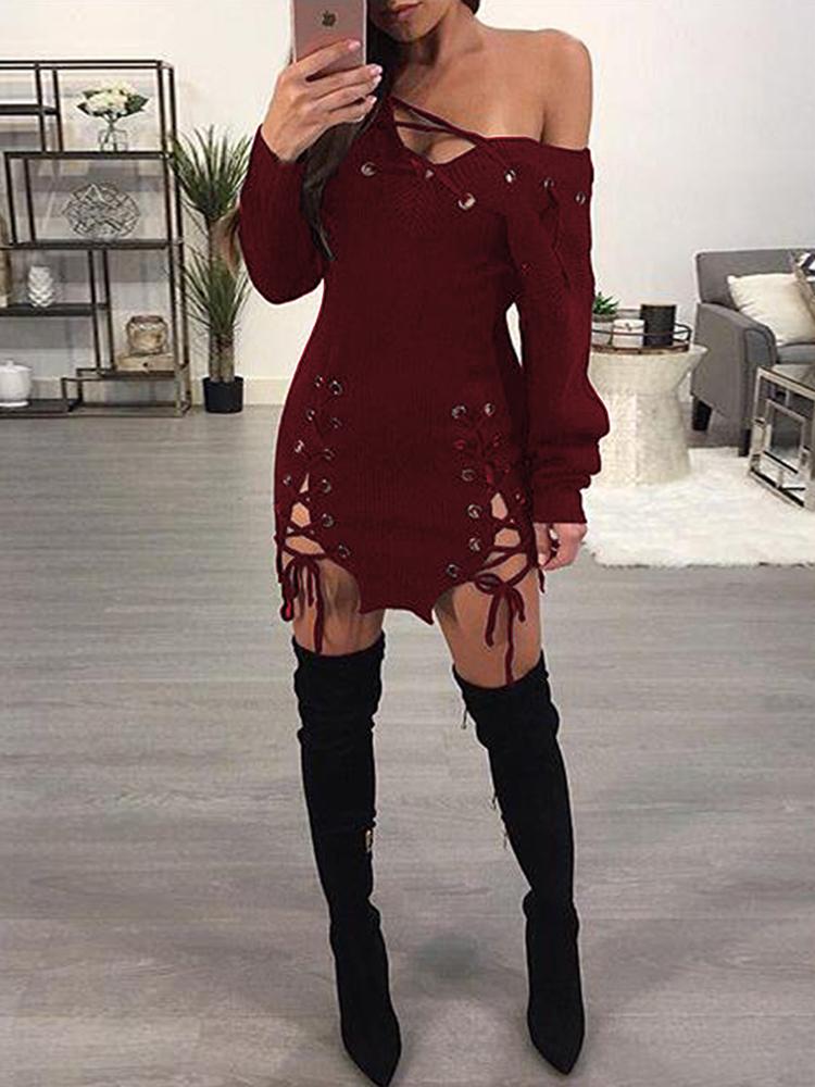 

Grommet Lace-up One Shoulder Knit Mini Dress, Wine red