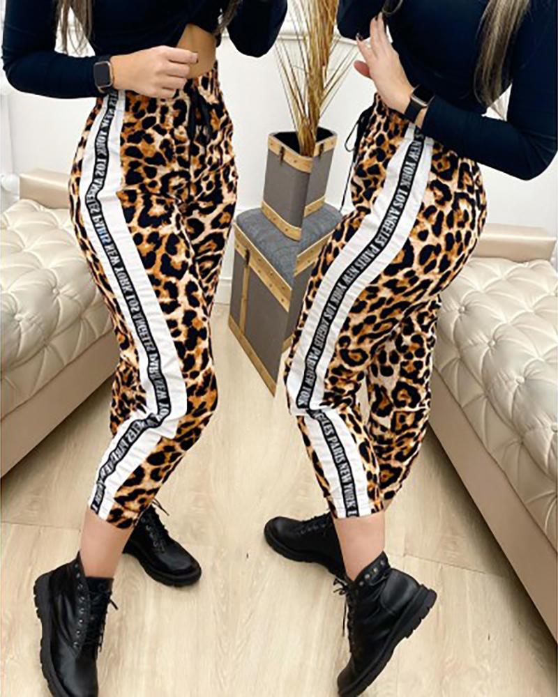 

Striped Cheetah Letter Print Casual Pants, Leopard