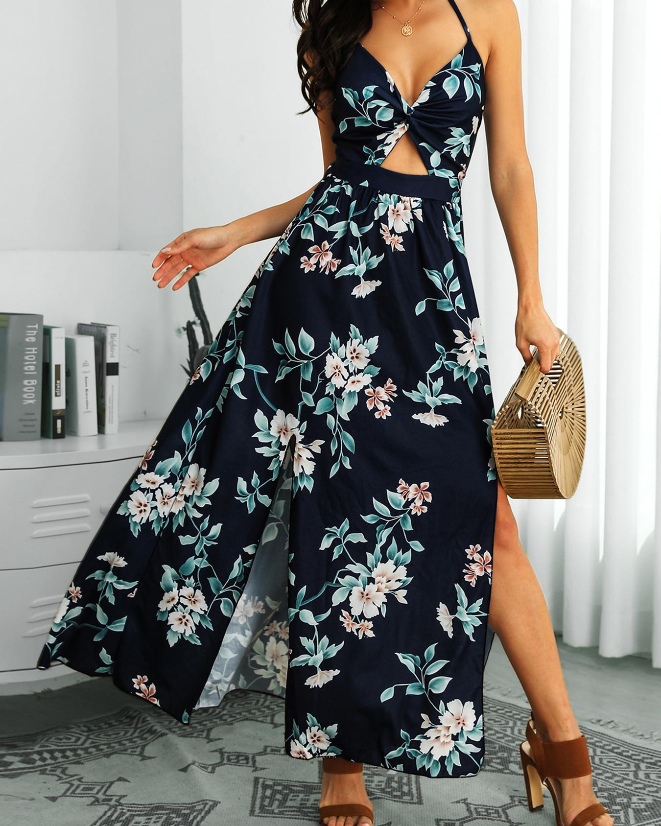 

Halter Floral Print Slit Maxi Dress, Purplish blue