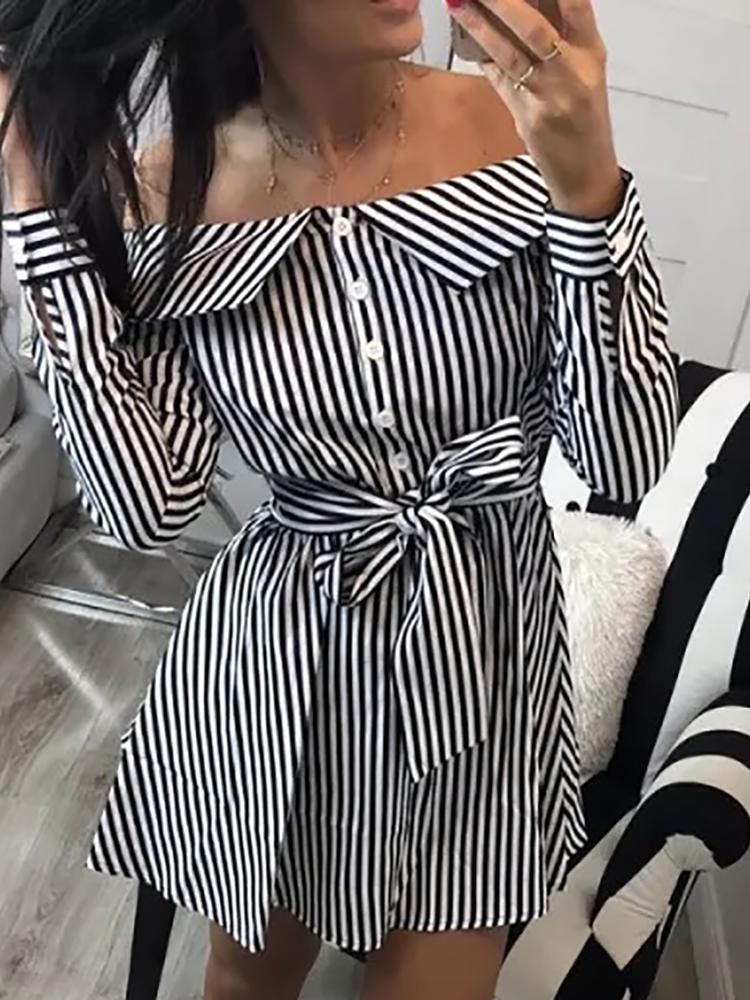 

Off Shoulder Striped Self Belted Shirt Dress