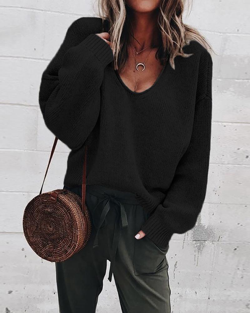 

Solid Long Sleeve V-Neck Casual Sweater, Black
