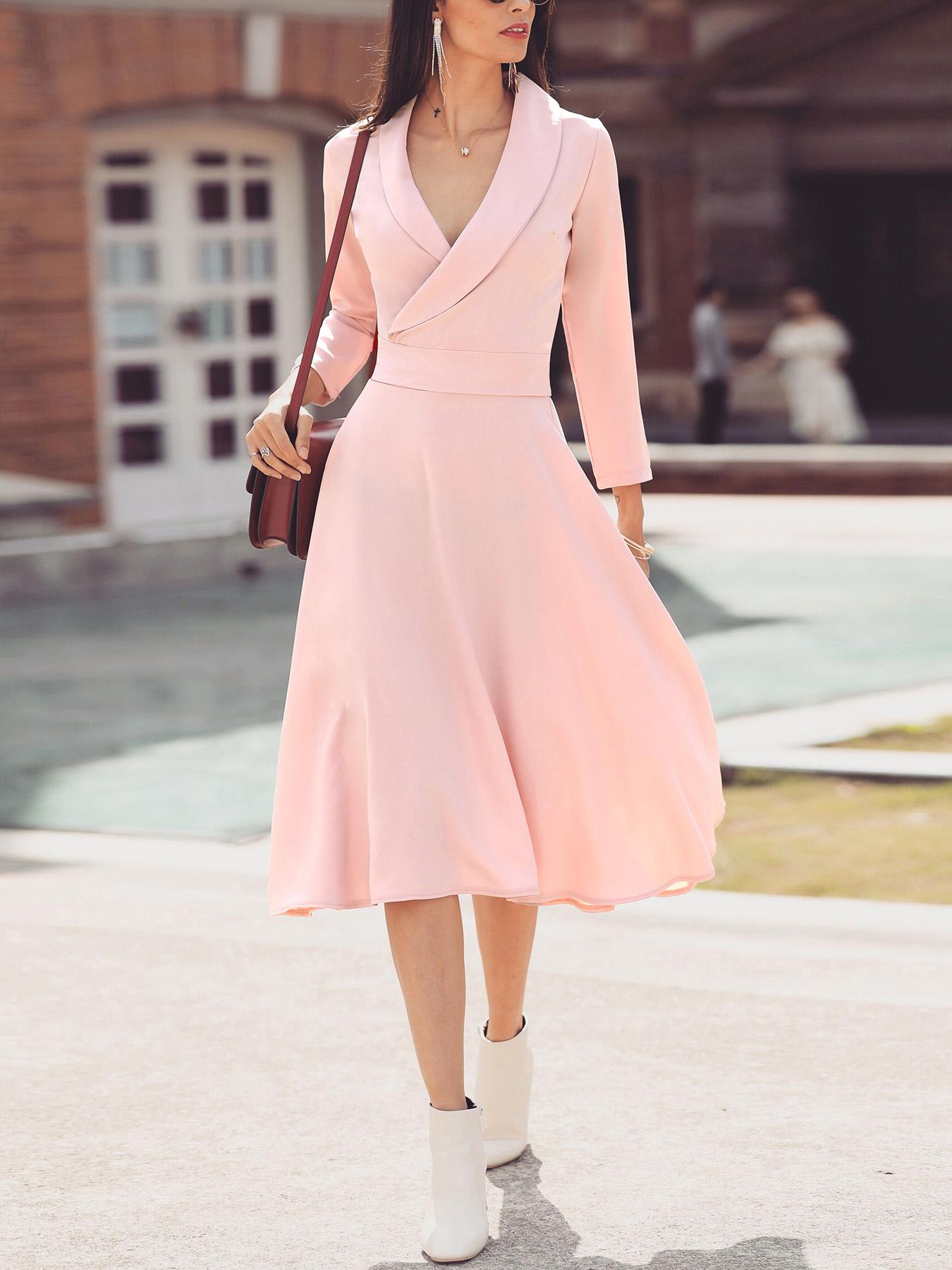 

Solid Ruched Wrap Casual Dress, Apricot