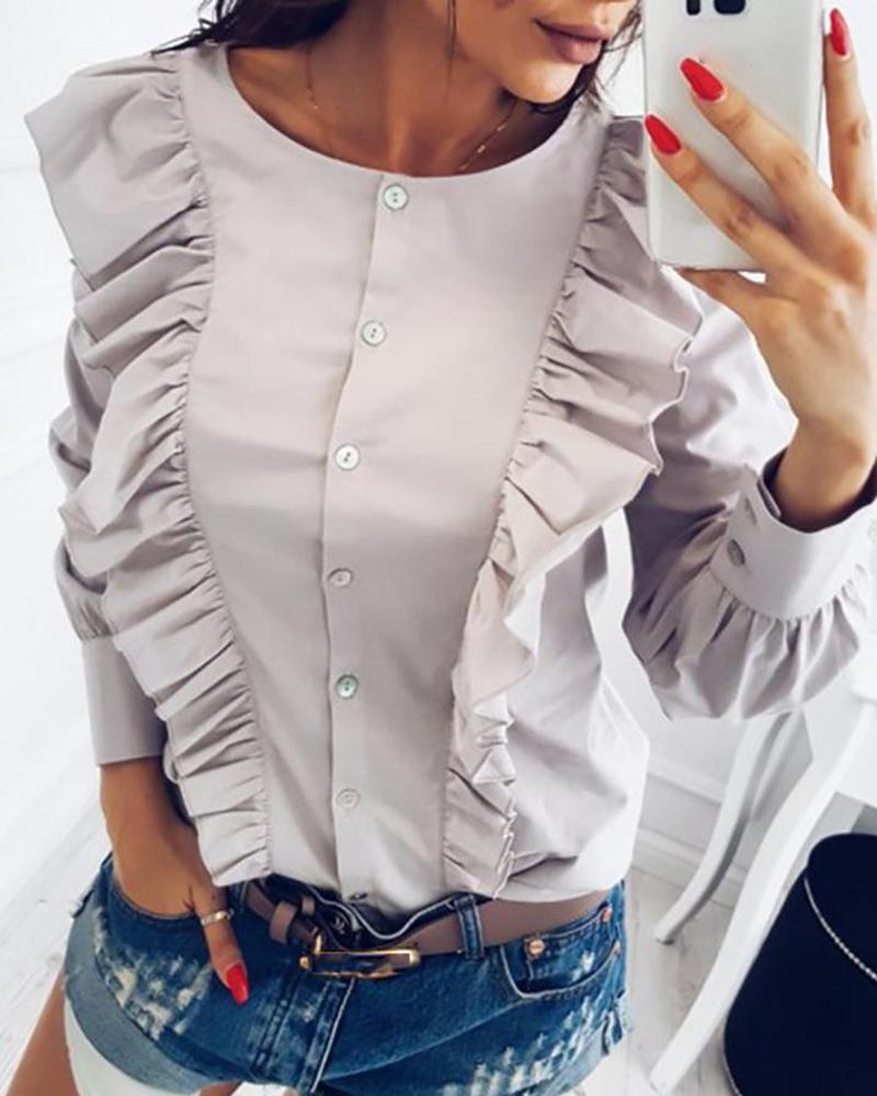 

Stylish Ruffled Button Patchwork Blouse, Gray