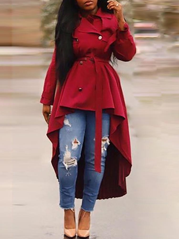 

Double Breasted Dip Hem Pleated Coat, Wine red