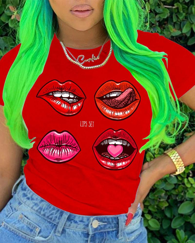 

Lip Letter Print Short Sleeve Casual T-shirt, Red