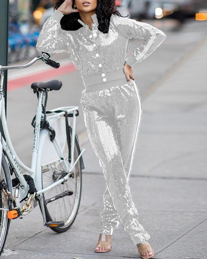 

Side Stripe Buttoned Sequins Top & Pant Sets, Silver