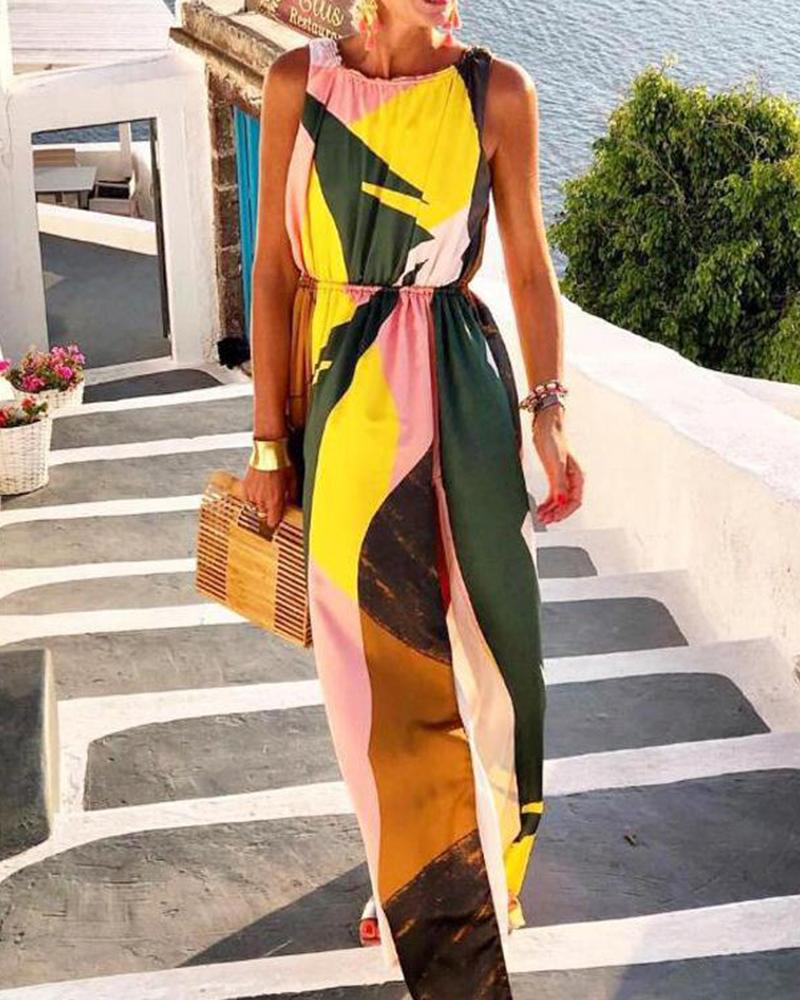 

Split Color Block Print Maxi Dress, Yellow