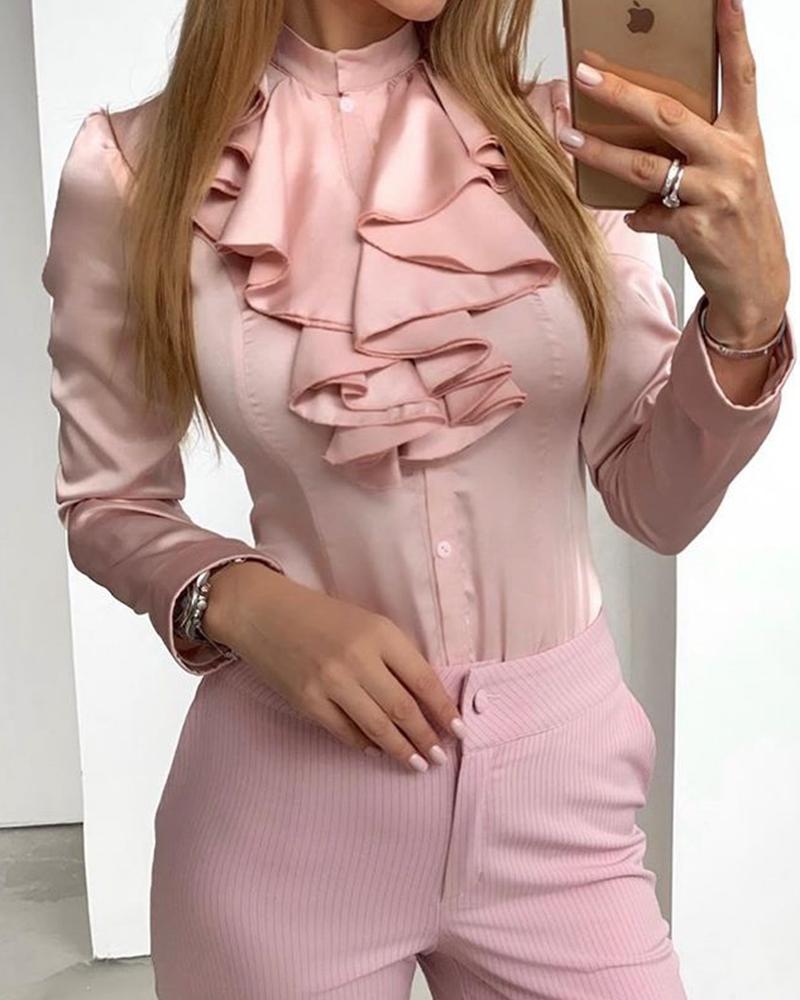 

Solid Scarf Neck Button Blouse, Pink