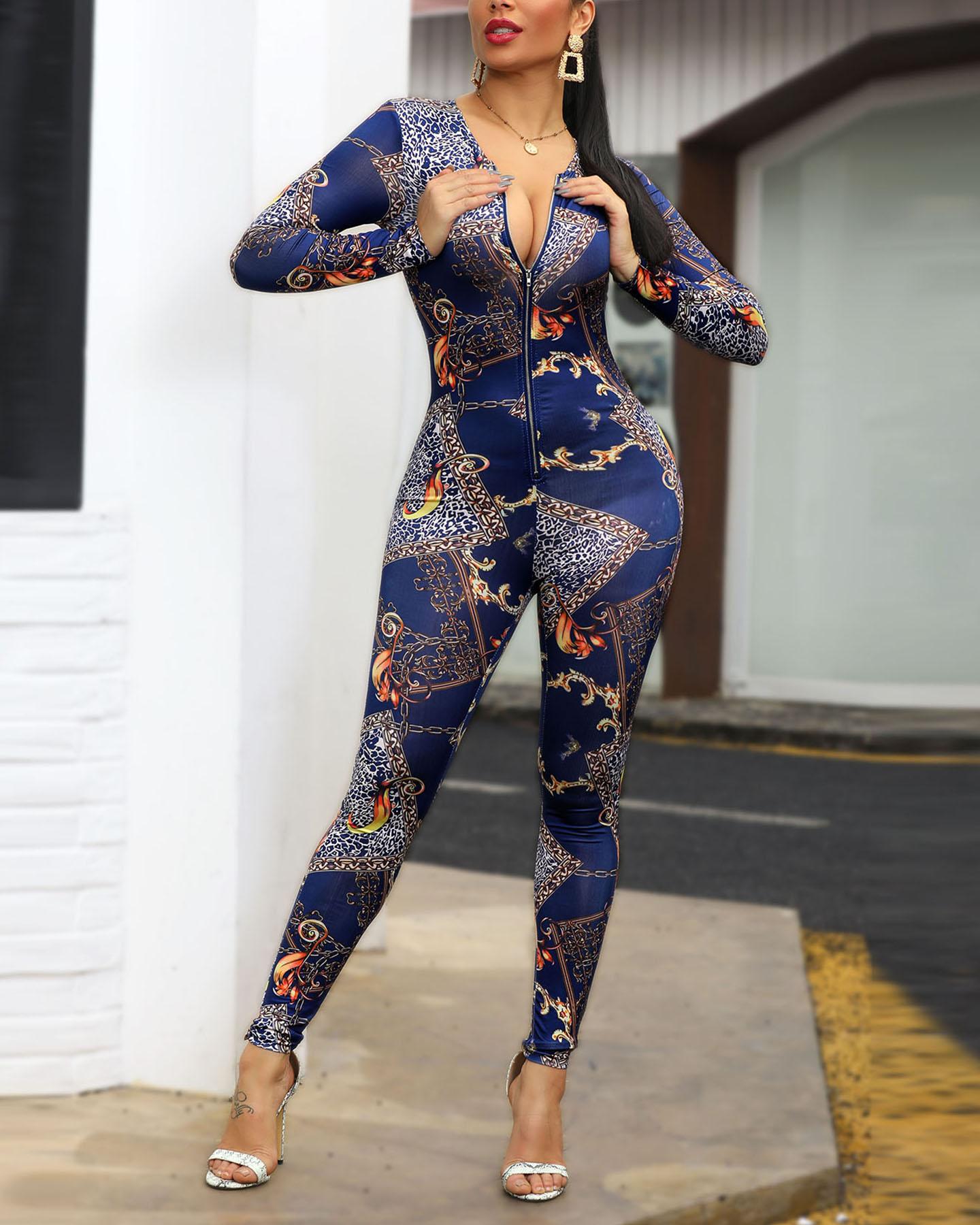 

Mixed Print Zipper Deisgn Jumpsuits