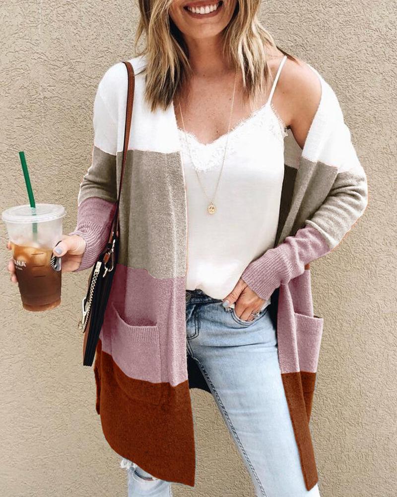 

Colorblock Long Sleeve Pocket Longline Cardigan, Pink