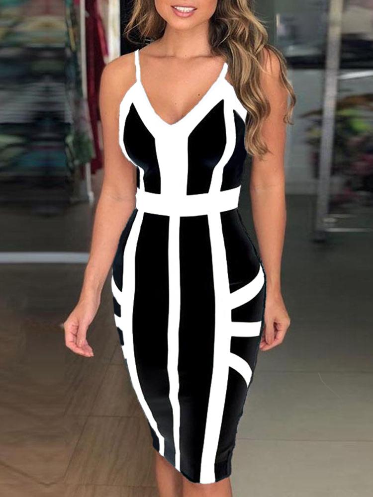 

Contrast Striped Insert Spaghetti Strap Dress, Black