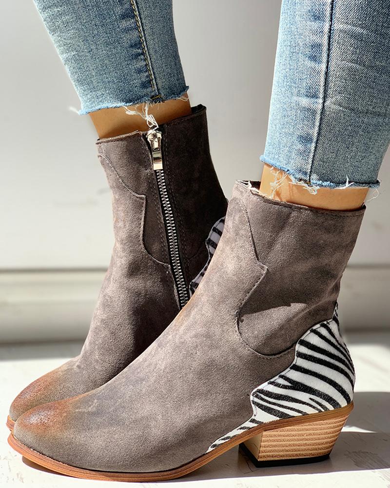 

Pointed Toe Zipper Zebra Print Chunky Heeled Boots, Dark grey