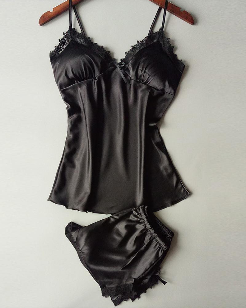 

V-neck Lace Trim Cami Set, Black