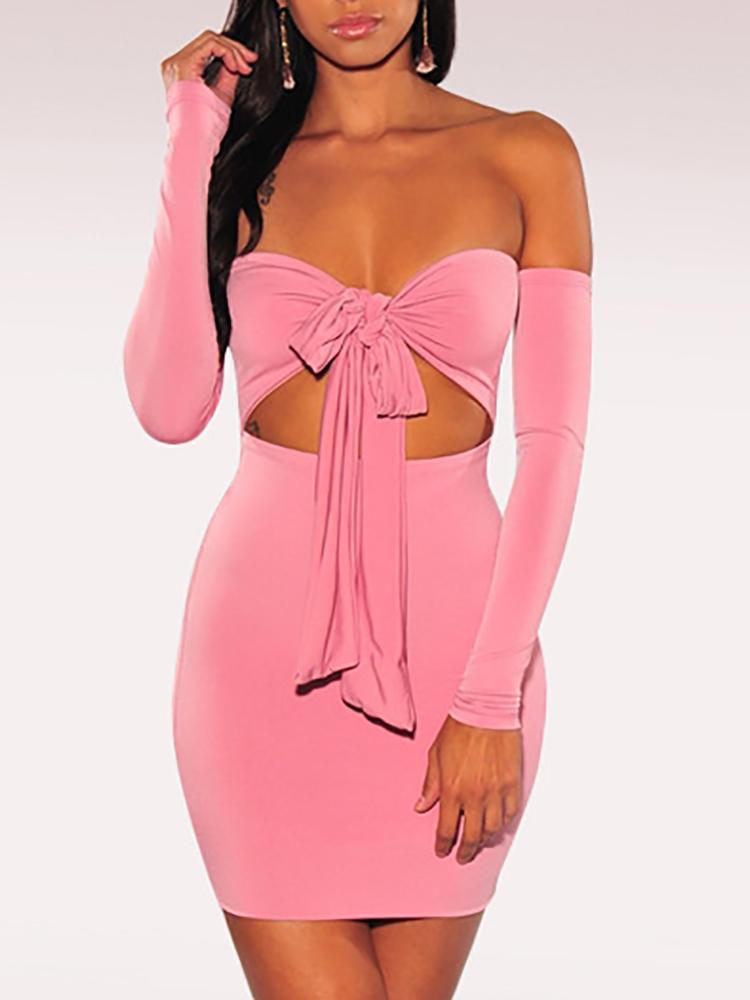 

Off Shoulder Tied Front Cutout Bodycon Dress, Pink