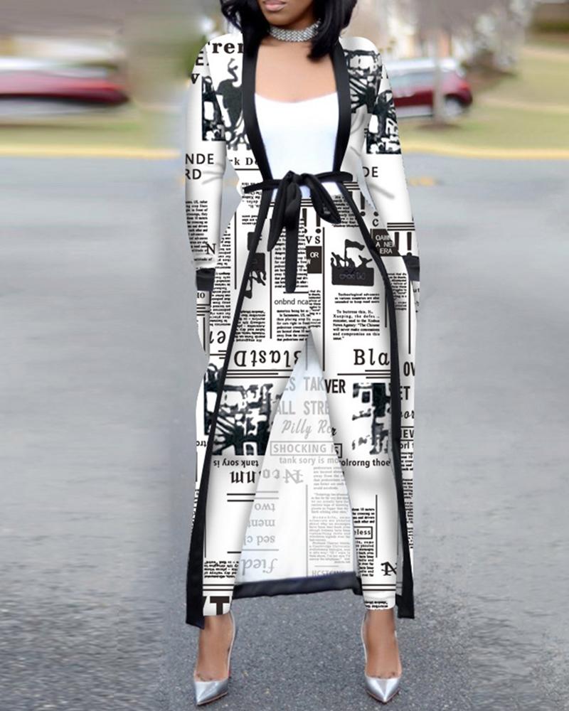 

Contrast Binding Belted Coat & Pants Sets, White