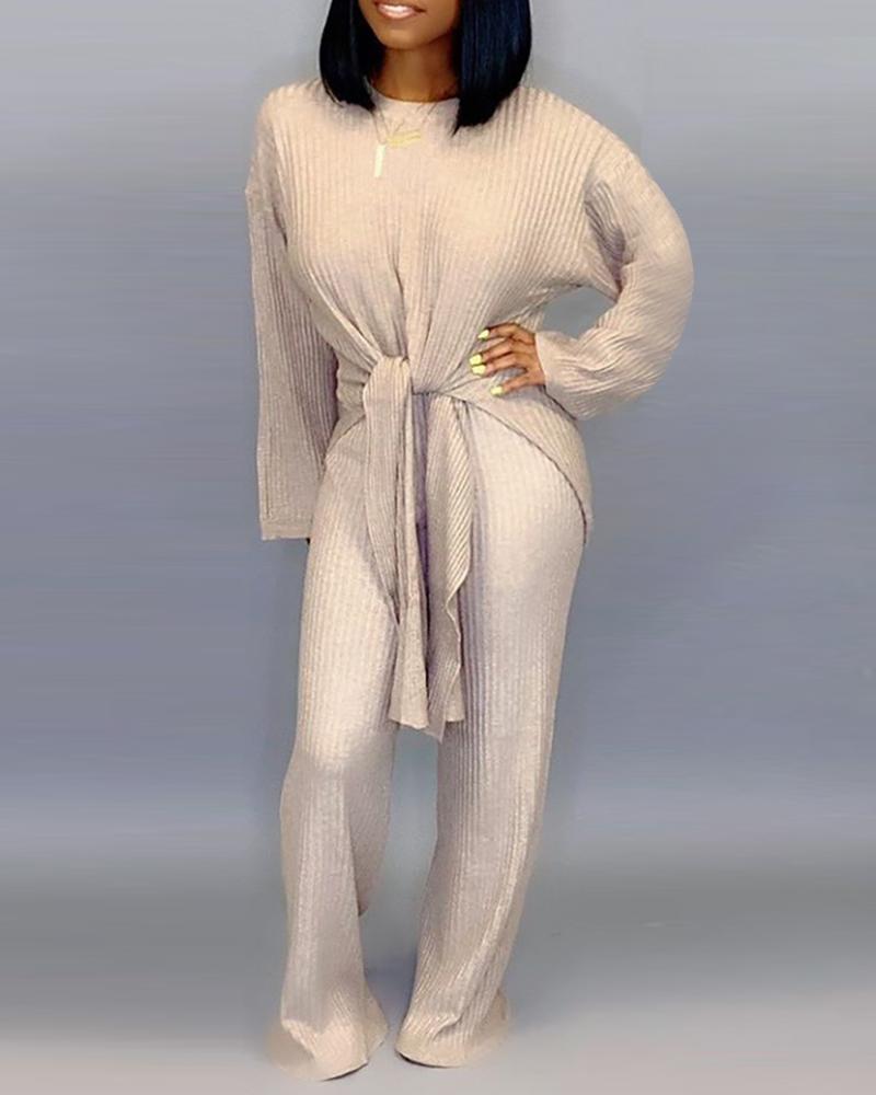 

Round Neck Ribbed Knotted Casual Top & Pants Sets, Apricot