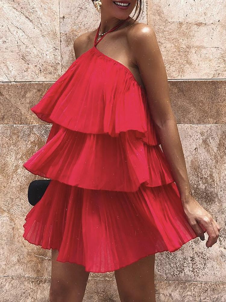 

Solid Halter Layered Ruffles Mini Dress