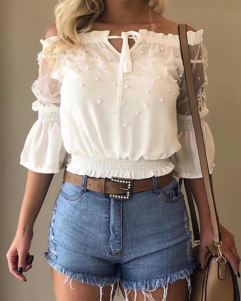 

Off Shoulder Beaded Shirring Detail Blouse
