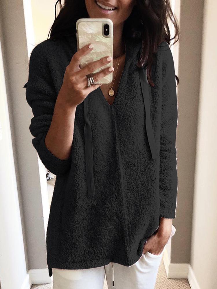 

Solid Fluffy Hooded Long Sleeve Sweatshirt