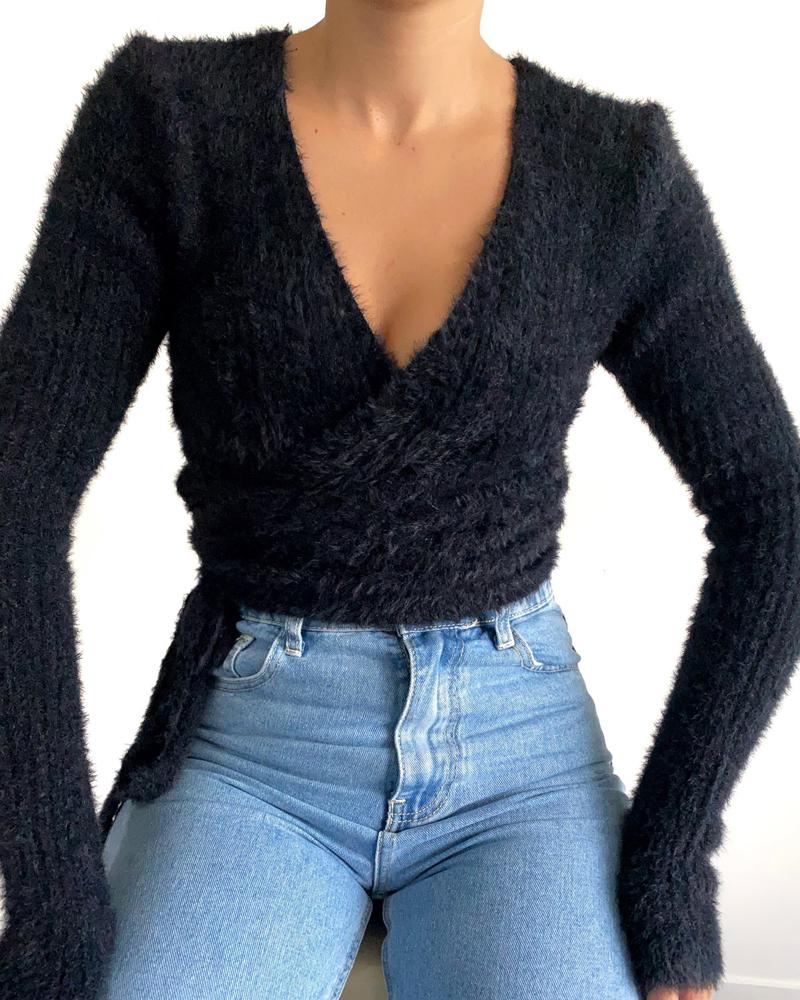 

Fluffy Wrap Plain Long Sleeve Sweater, Black