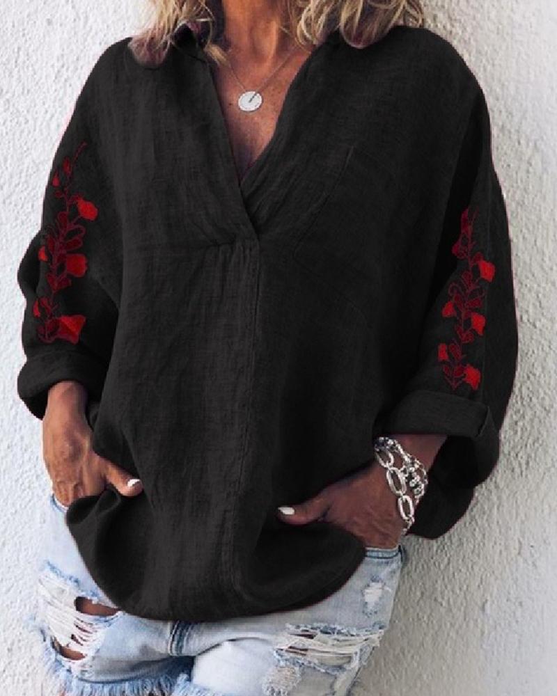 

V Neck Floral Sleeve Top, Black