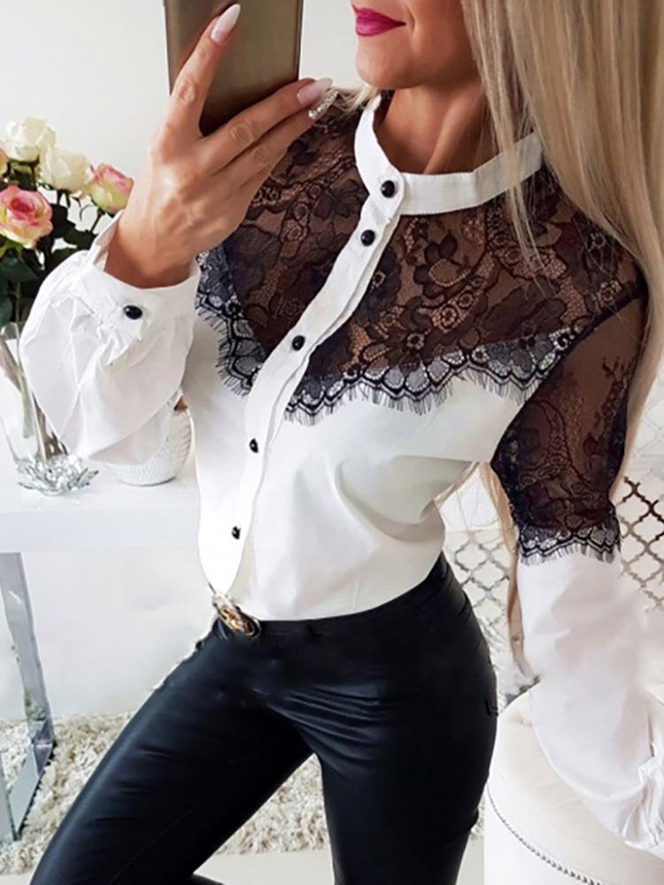 

Eyelash Lace Insert Button Up Blouse, White