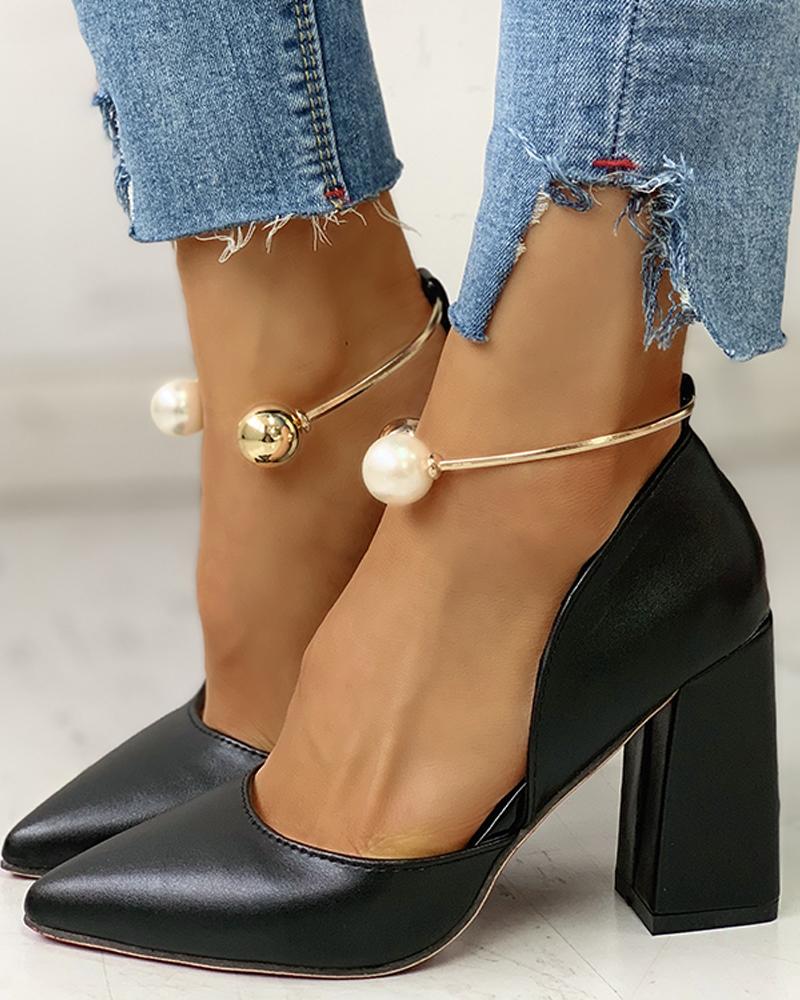 

Solid Pointed Toe Beaded Chunky Heels, Black