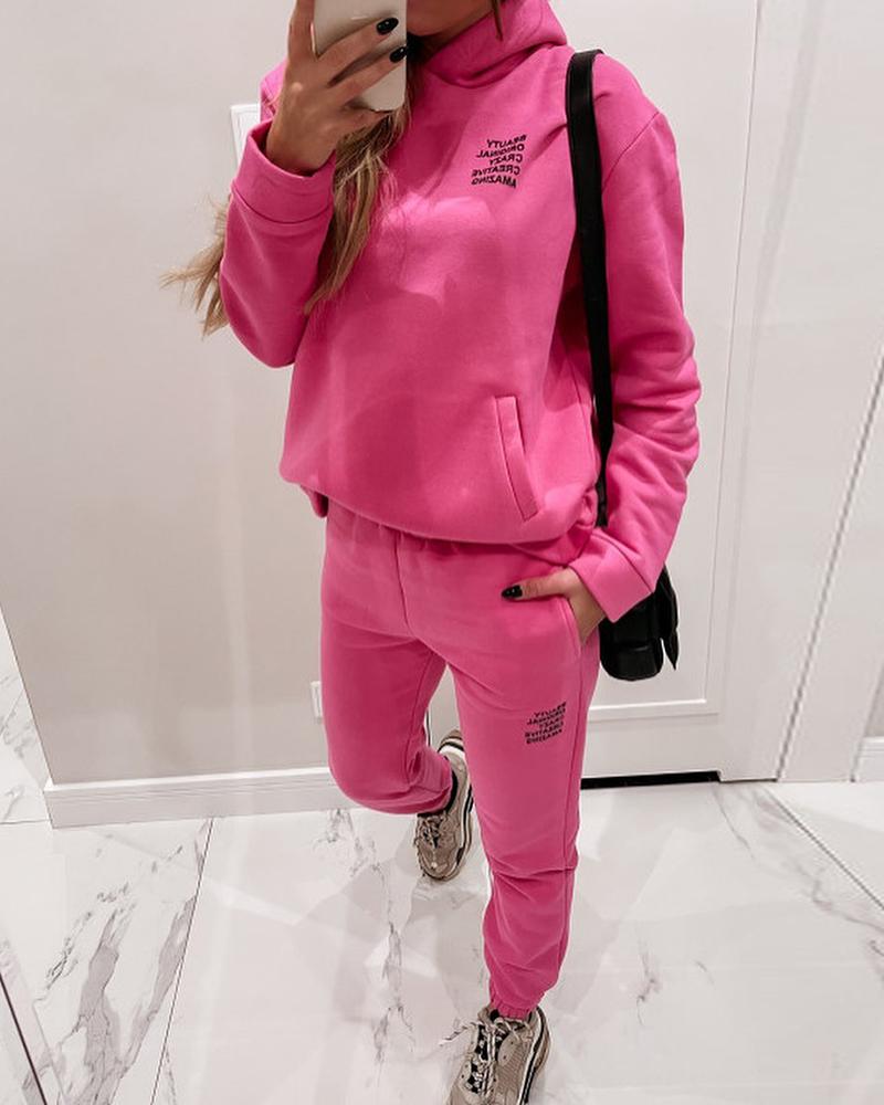 

Letter Print Long Sleeve Hoodie & Pants Set, Hot pink