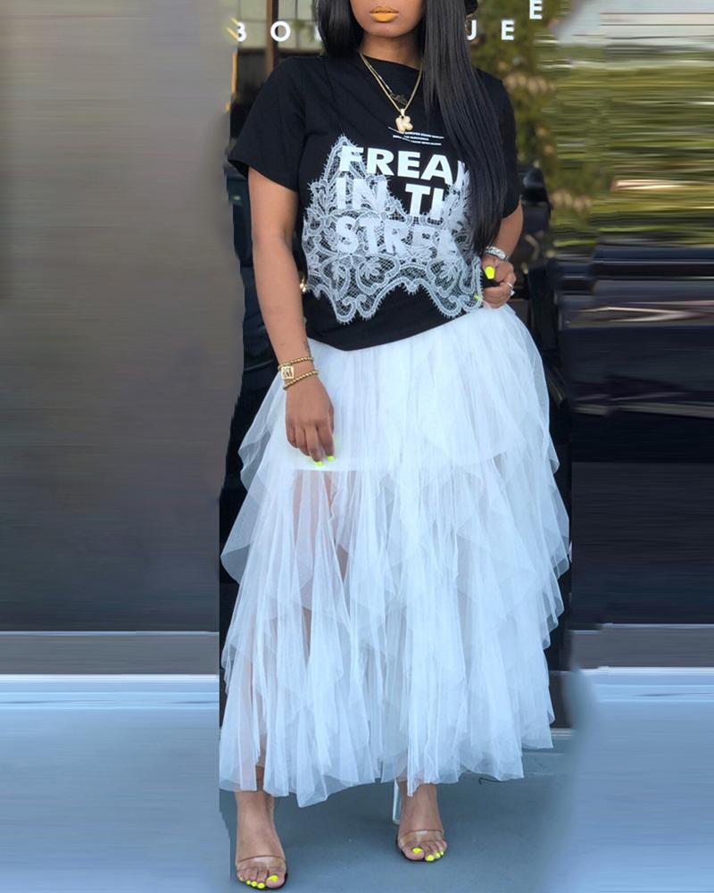 

High Waist Mesh Layered Skirt, White