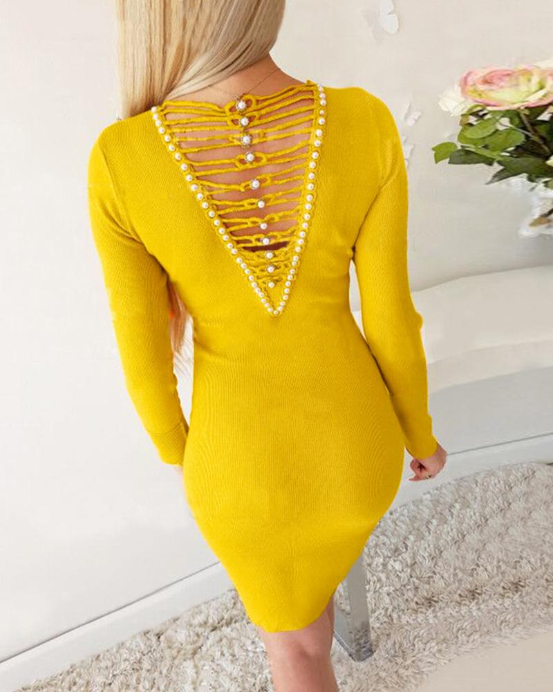 

Backless Beaded Knit Bodycon Dress, Yellow