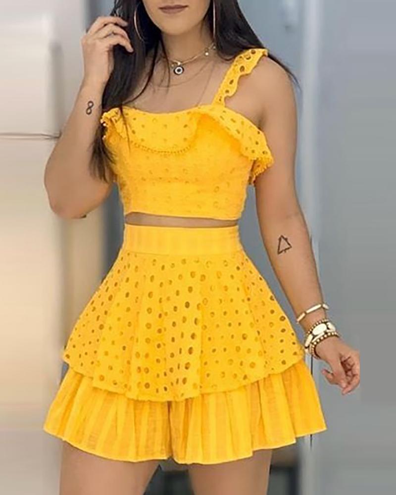 

Thick Strap Ruffled Crop Top & Pleated Skirt Sets, Yellow